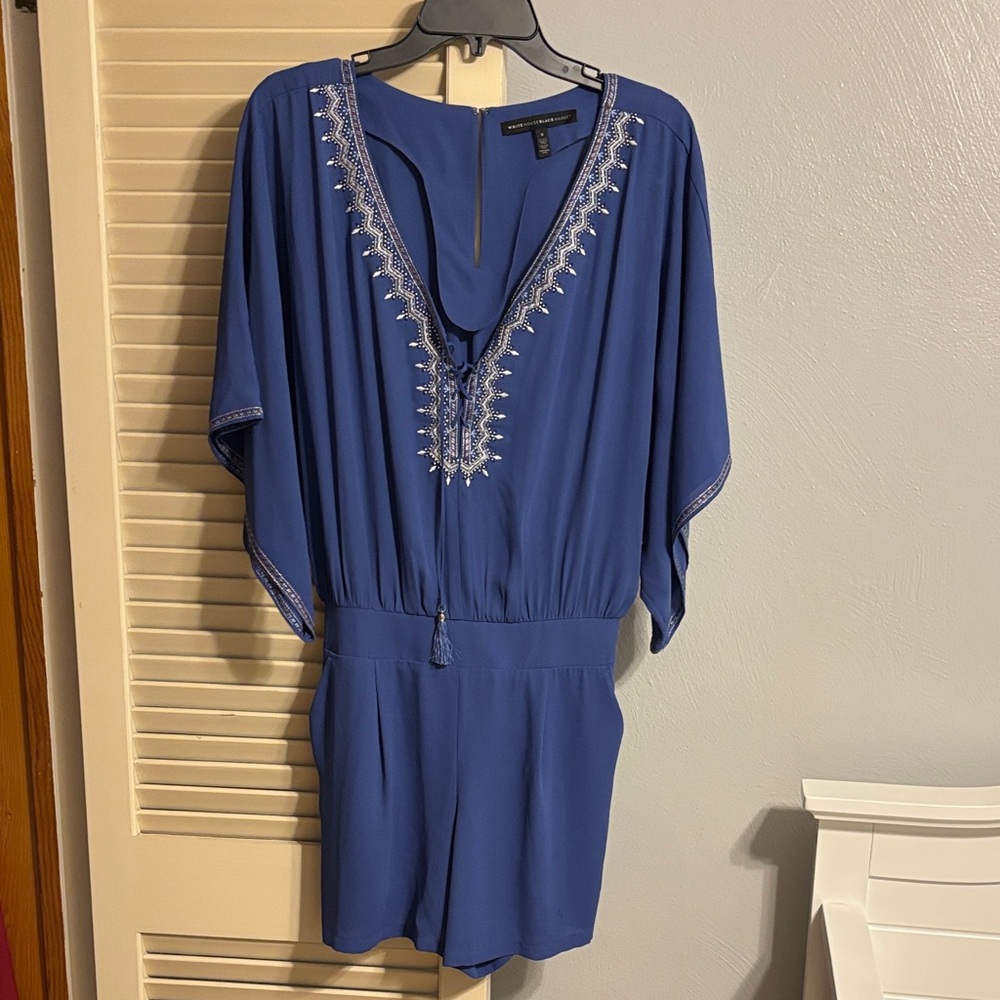 White House black market Blue Embroidered Women's shorts romper